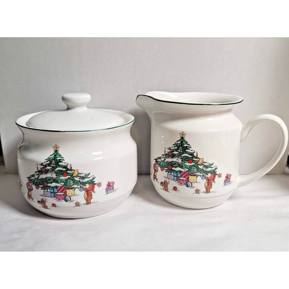 Salem China Whimsical Christmas Creamer & Sugar Set Holiday Tree Animals Ceramic